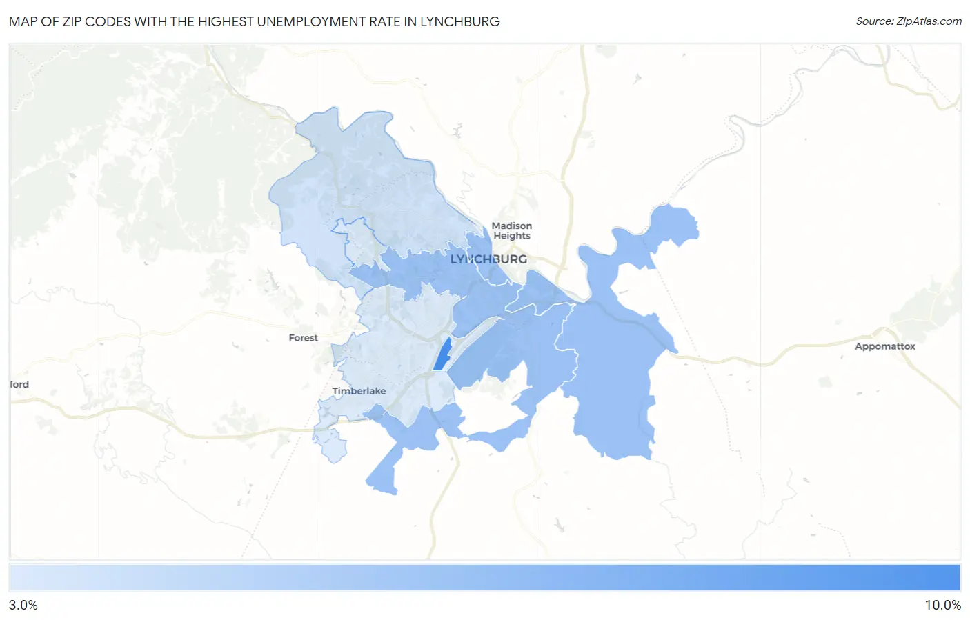 Zip Codes with the Highest Unemployment Rate in Lynchburg Map