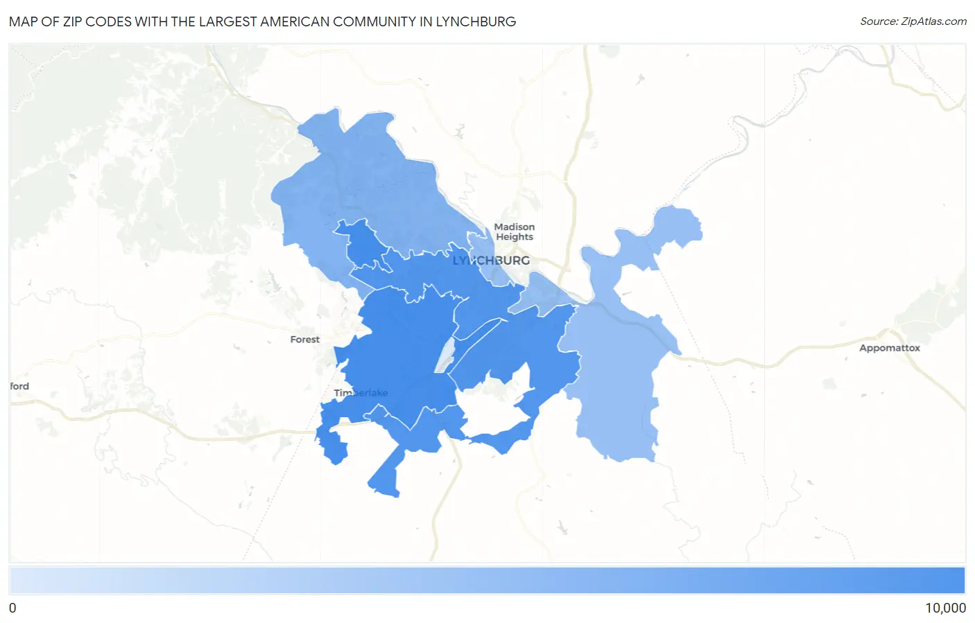 Zip Codes with the Largest American Community in Lynchburg Map