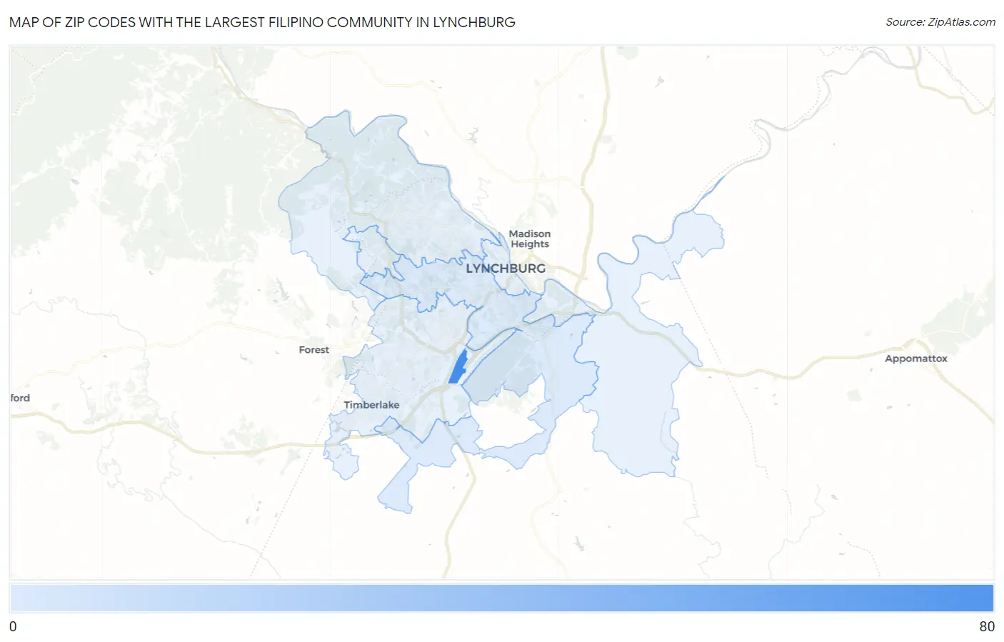 Zip Codes with the Largest Filipino Community in Lynchburg Map