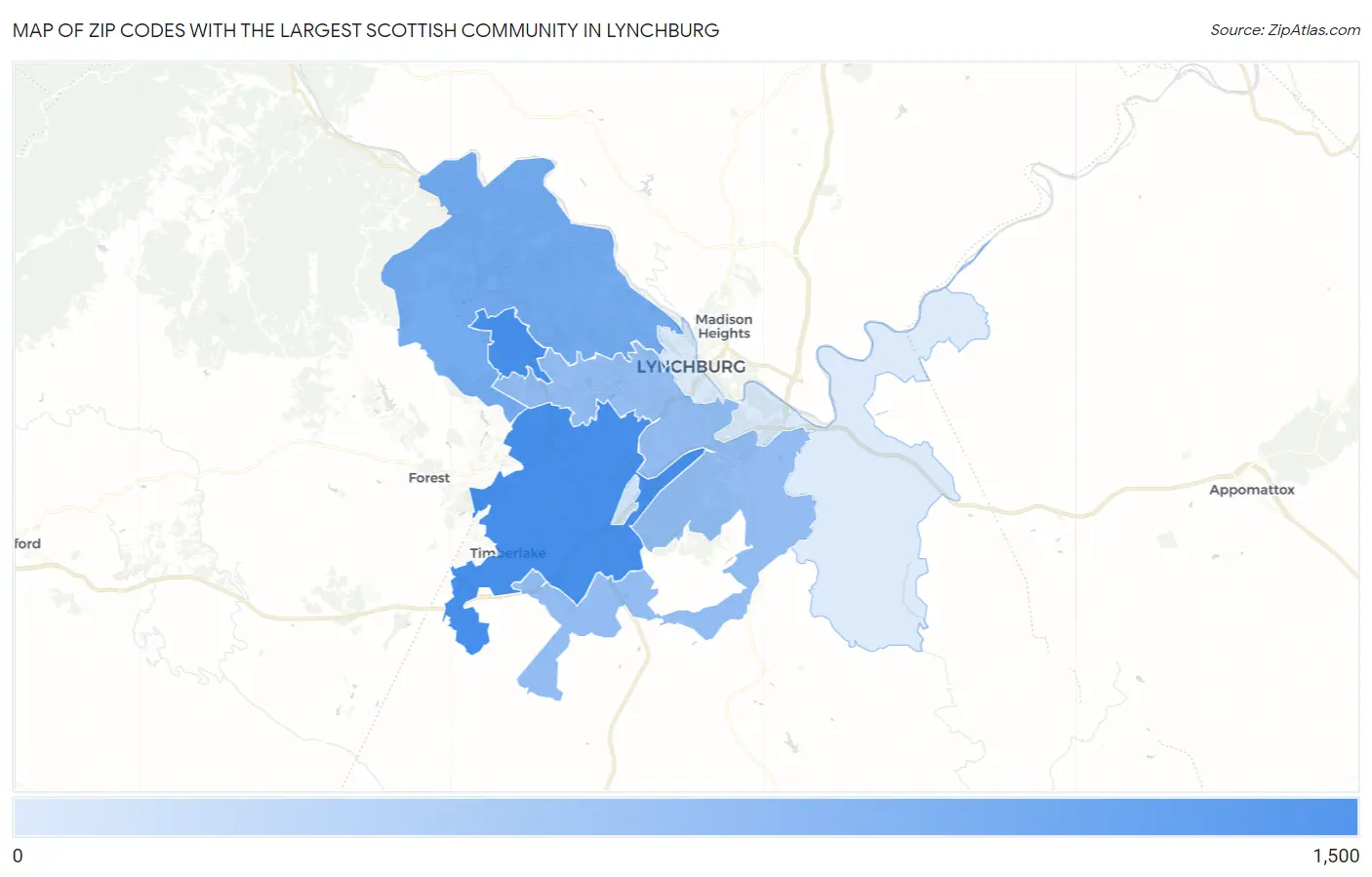 Zip Codes with the Largest Scottish Community in Lynchburg Map