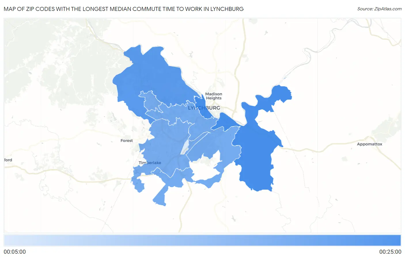 Zip Codes with the Longest Median Commute Time to Work in Lynchburg Map