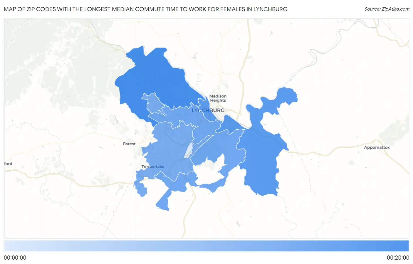 Zip Codes with the Longest Median Commute Time to Work for Females in Lynchburg Map