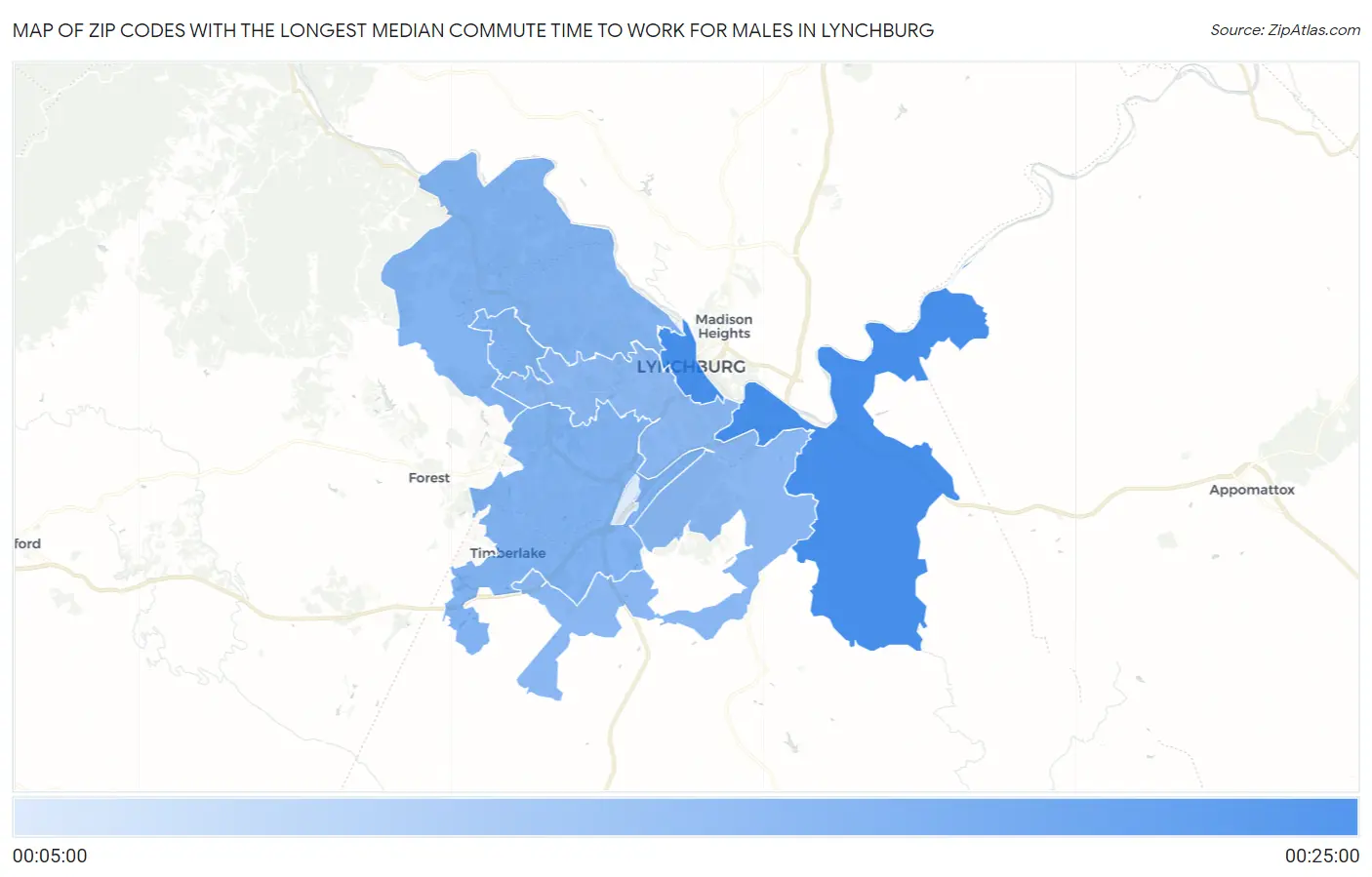 Zip Codes with the Longest Median Commute Time to Work for Males in Lynchburg Map