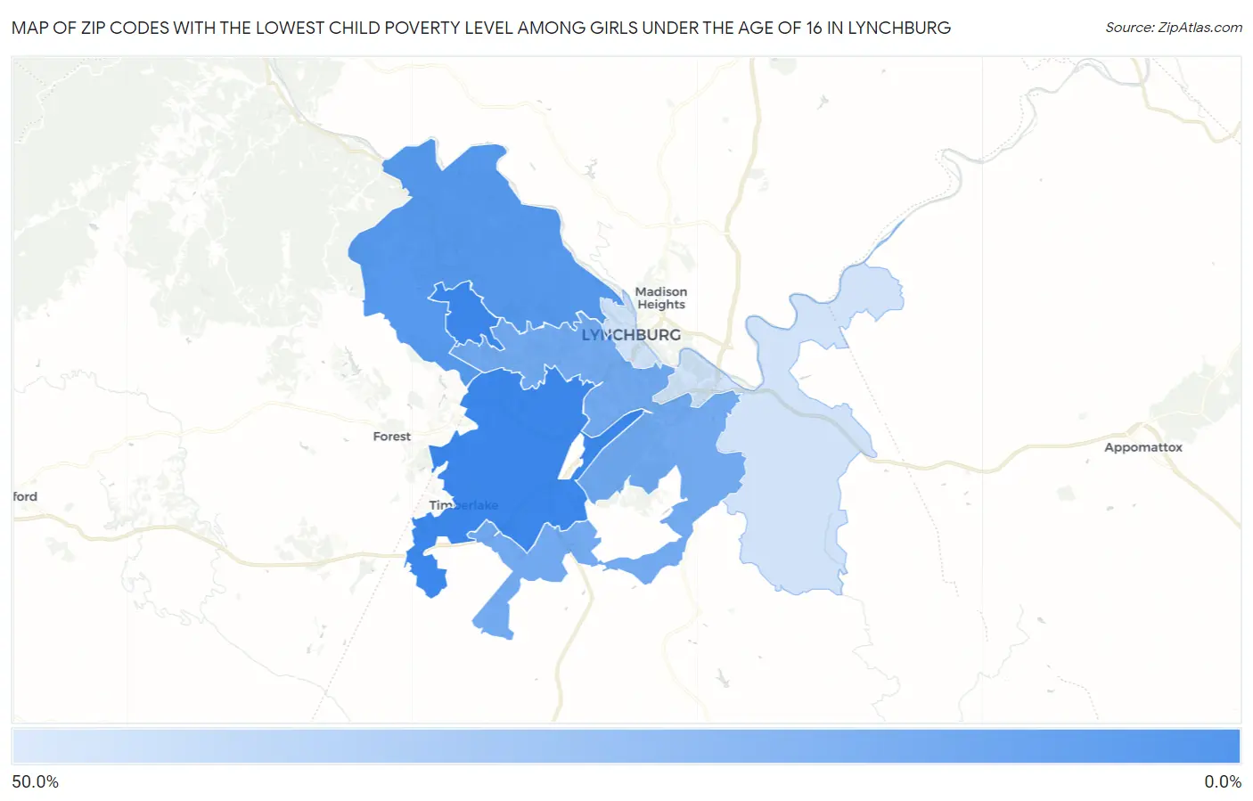 Zip Codes with the Lowest Child Poverty Level Among Girls Under the Age of 16 in Lynchburg Map