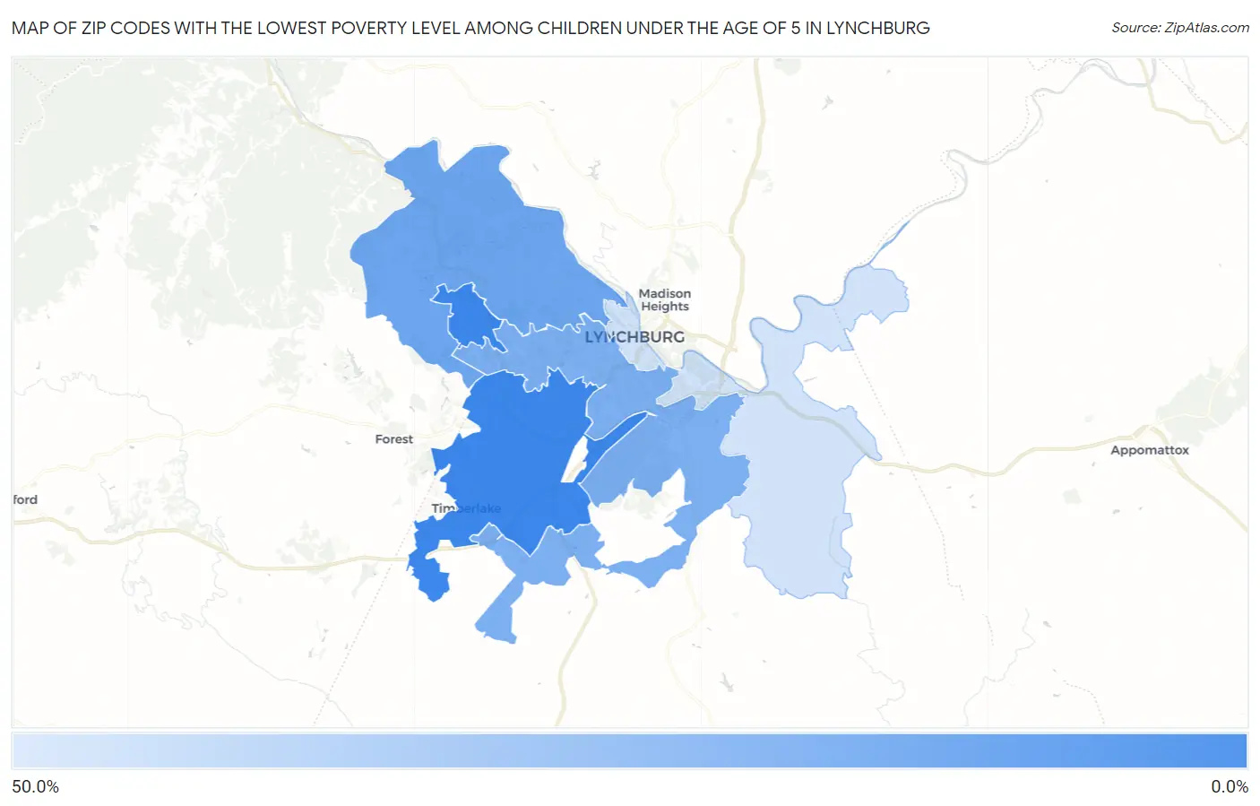 Zip Codes with the Lowest Poverty Level Among Children Under the Age of 5 in Lynchburg Map
