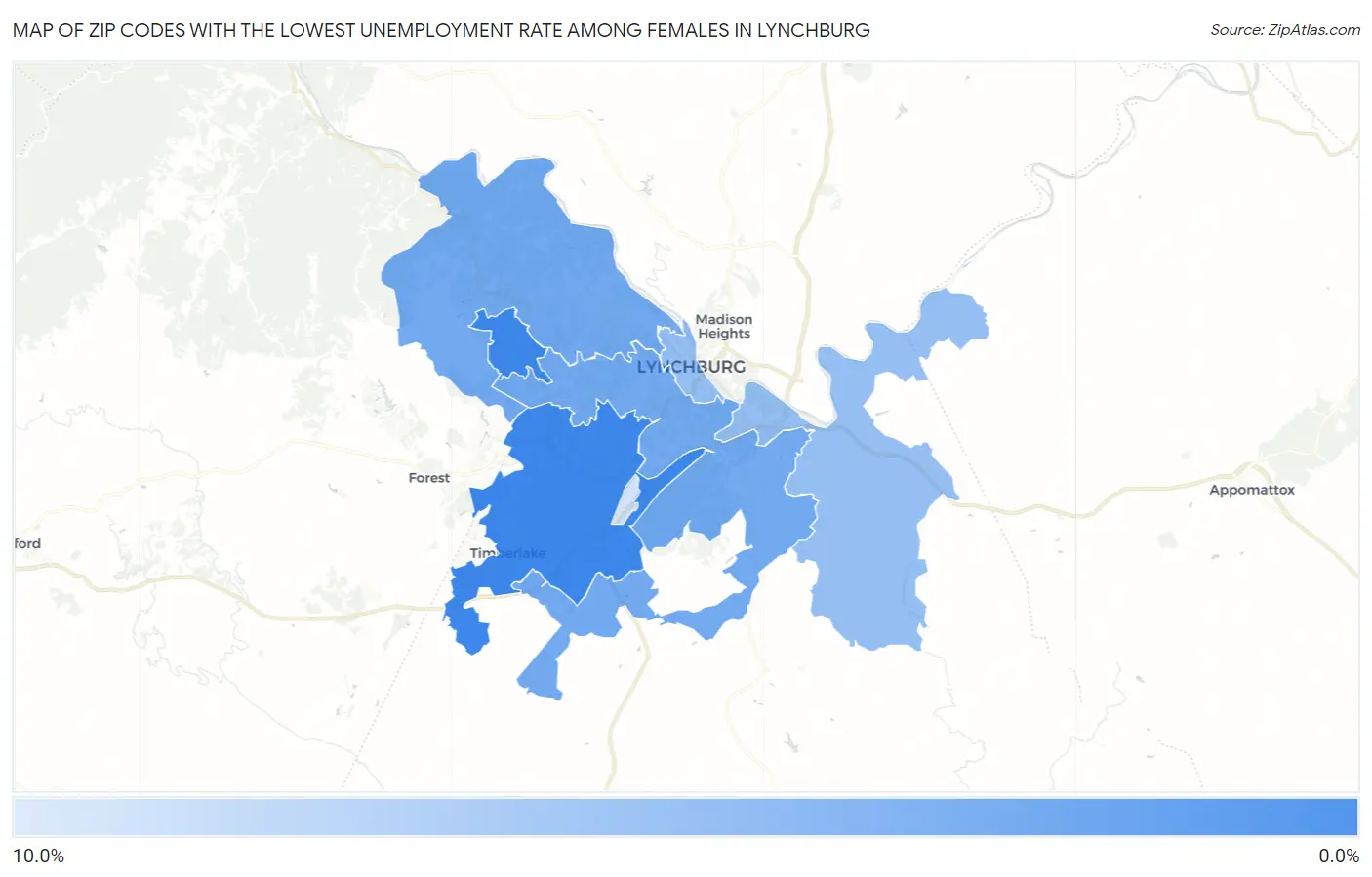 Zip Codes with the Lowest Unemployment Rate Among Females in Lynchburg Map