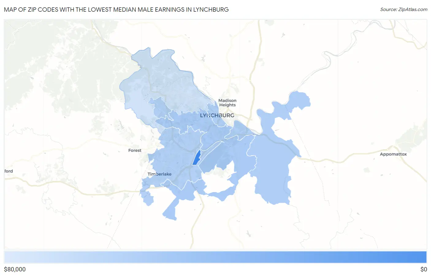 Zip Codes with the Lowest Median Male Earnings in Lynchburg Map