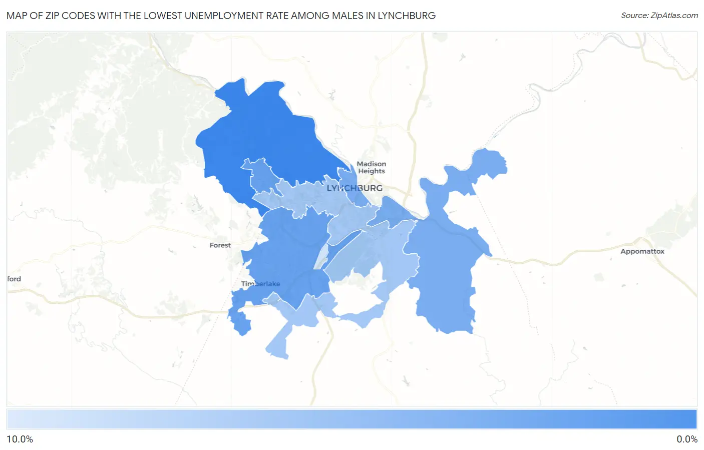 Zip Codes with the Lowest Unemployment Rate Among Males in Lynchburg Map