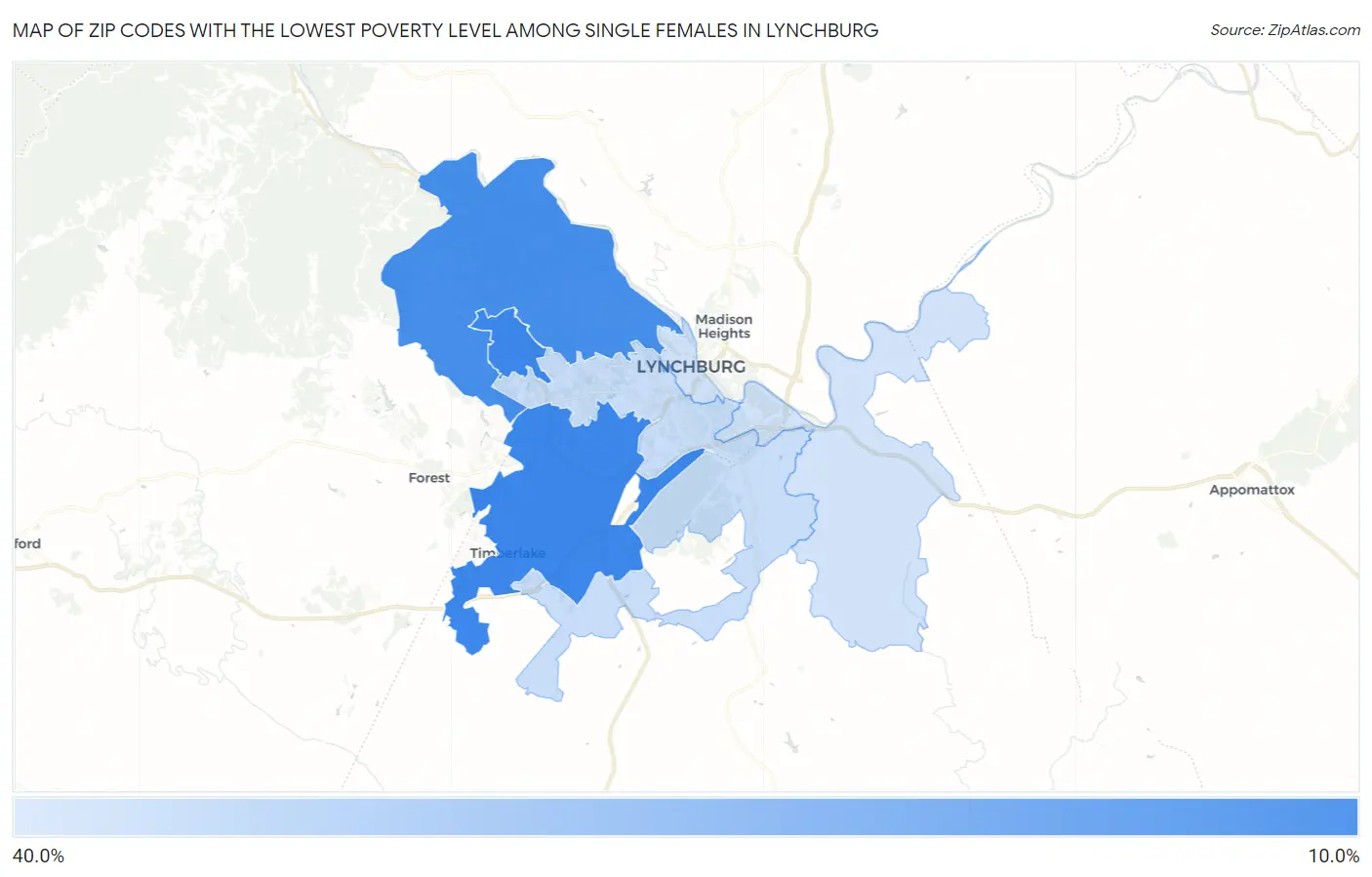 Zip Codes with the Lowest Poverty Level Among Single Females in Lynchburg Map