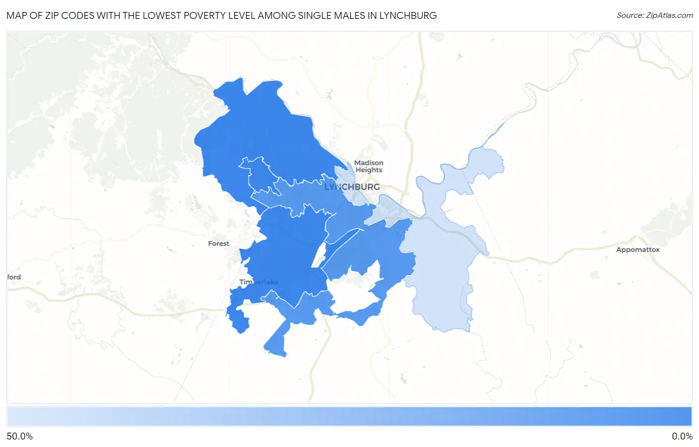 Zip Codes with the Lowest Poverty Level Among Single Males in Lynchburg Map