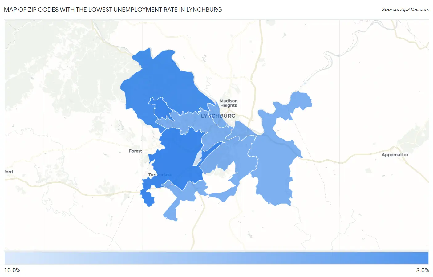 Zip Codes with the Lowest Unemployment Rate in Lynchburg Map