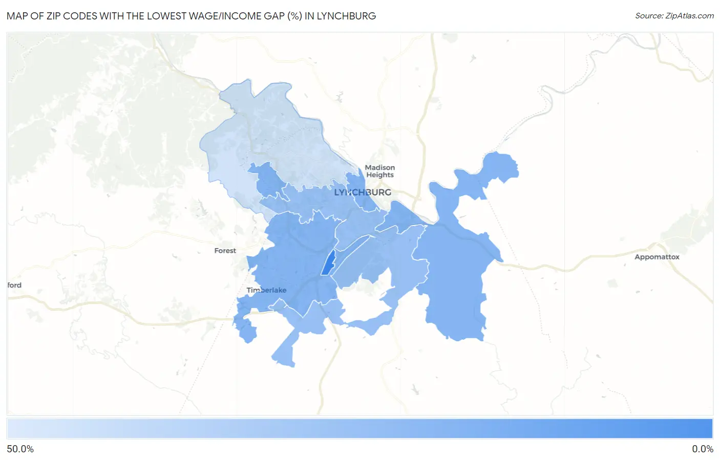 Zip Codes with the Lowest Wage/Income Gap (%) in Lynchburg Map