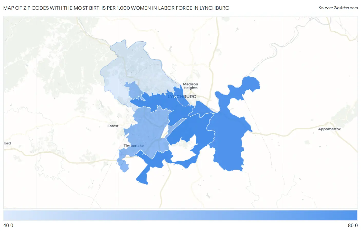 Zip Codes with the Most Births per 1,000 Women in Labor Force in Lynchburg Map