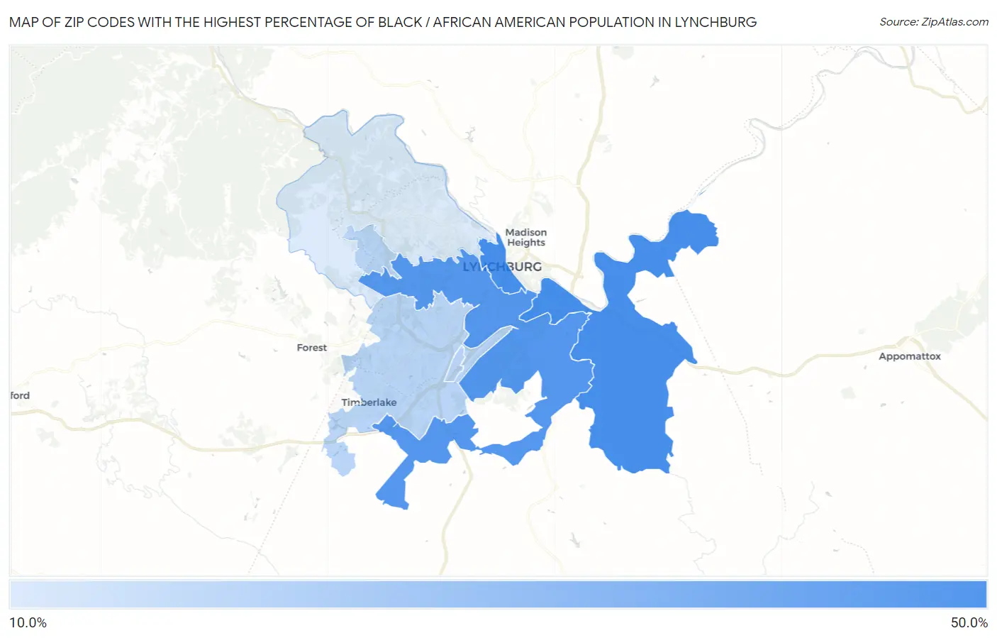 Zip Codes with the Highest Percentage of Black / African American Population in Lynchburg Map