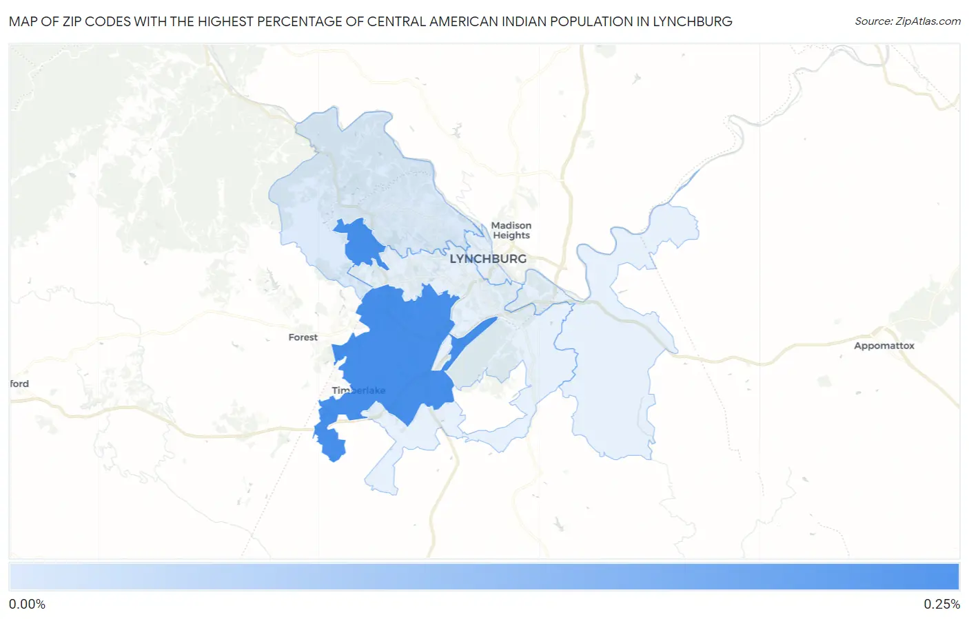 Zip Codes with the Highest Percentage of Central American Indian Population in Lynchburg Map