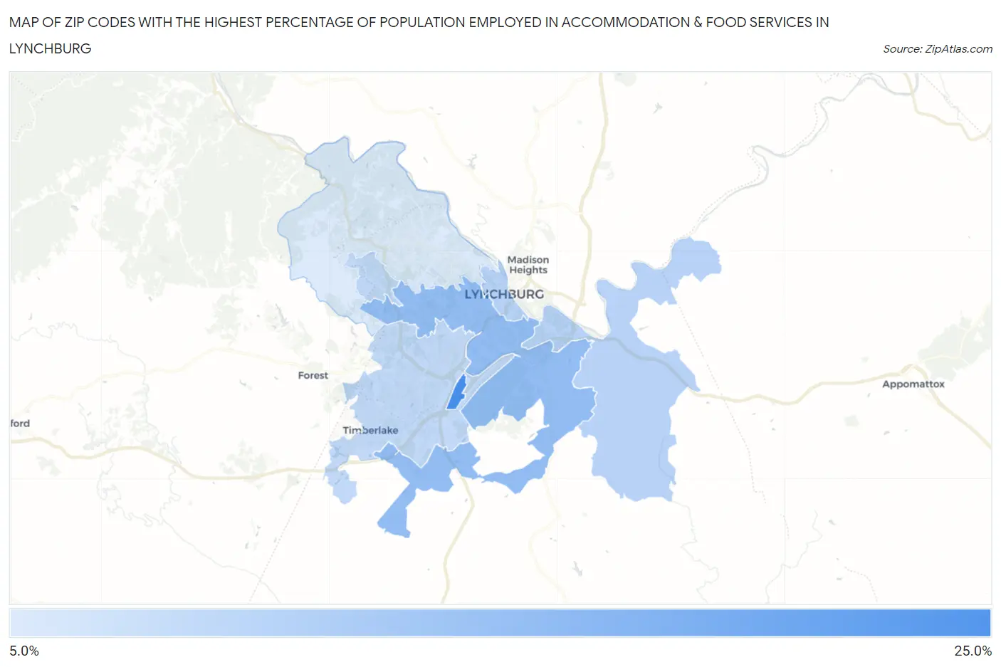 Zip Codes with the Highest Percentage of Population Employed in Accommodation & Food Services in Lynchburg Map