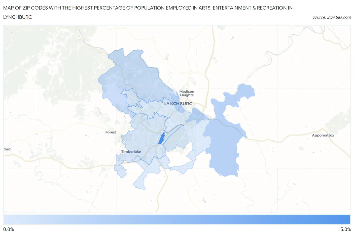 Zip Codes with the Highest Percentage of Population Employed in Arts, Entertainment & Recreation in Lynchburg Map