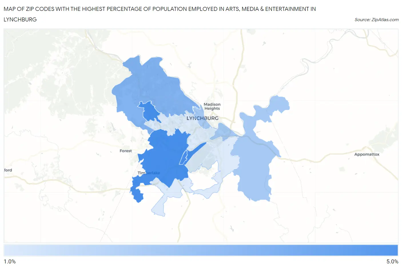 Zip Codes with the Highest Percentage of Population Employed in Arts, Media & Entertainment in Lynchburg Map