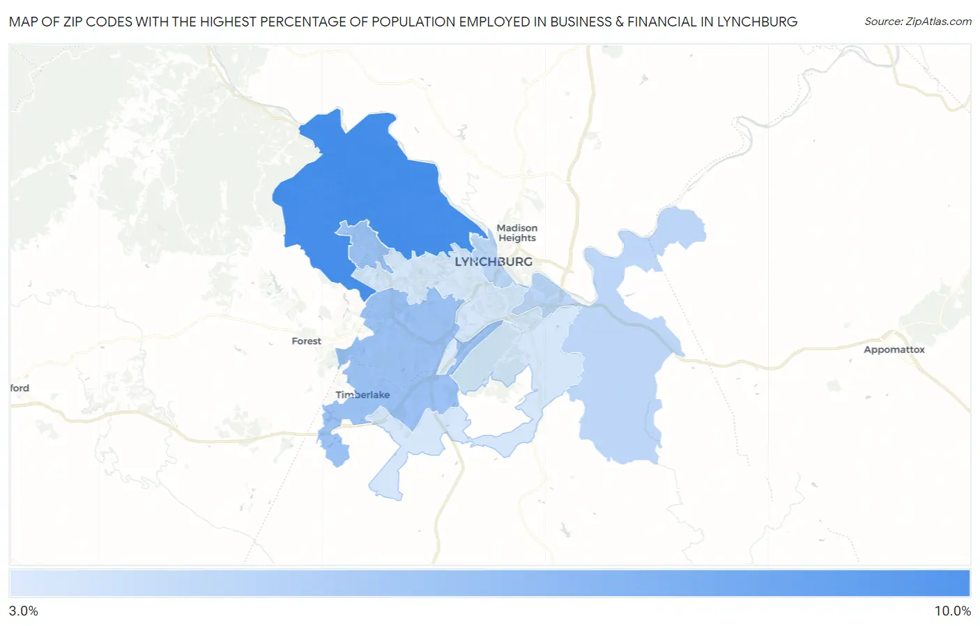 Zip Codes with the Highest Percentage of Population Employed in Business & Financial in Lynchburg Map