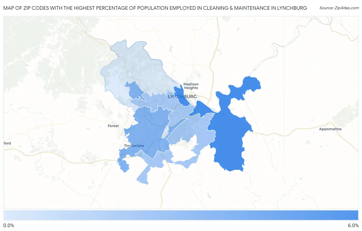 Zip Codes with the Highest Percentage of Population Employed in Cleaning & Maintenance in Lynchburg Map