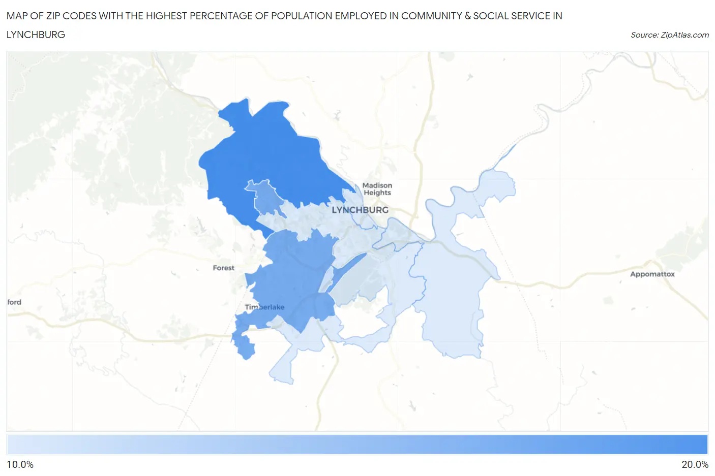 Zip Codes with the Highest Percentage of Population Employed in Community & Social Service  in Lynchburg Map