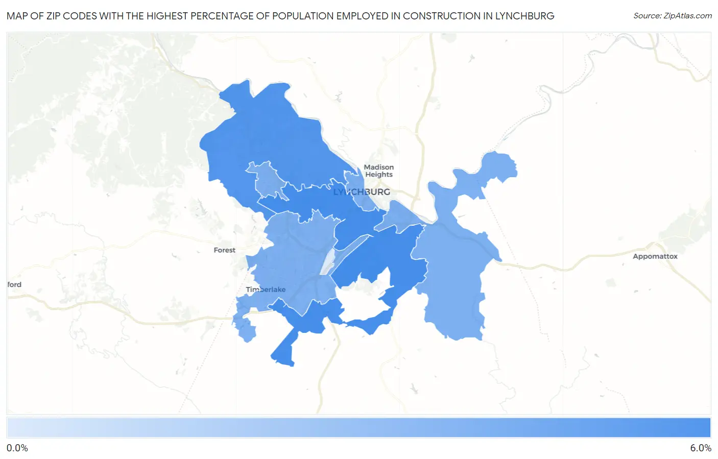 Zip Codes with the Highest Percentage of Population Employed in Construction in Lynchburg Map