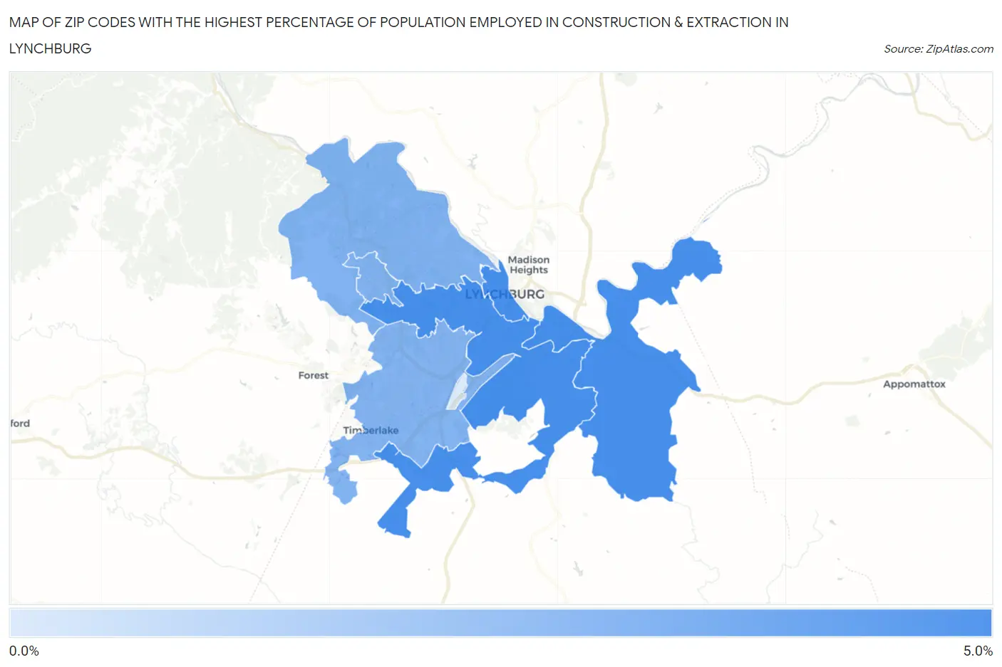 Zip Codes with the Highest Percentage of Population Employed in Construction & Extraction in Lynchburg Map