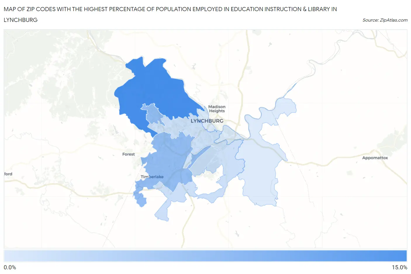 Zip Codes with the Highest Percentage of Population Employed in Education Instruction & Library in Lynchburg Map