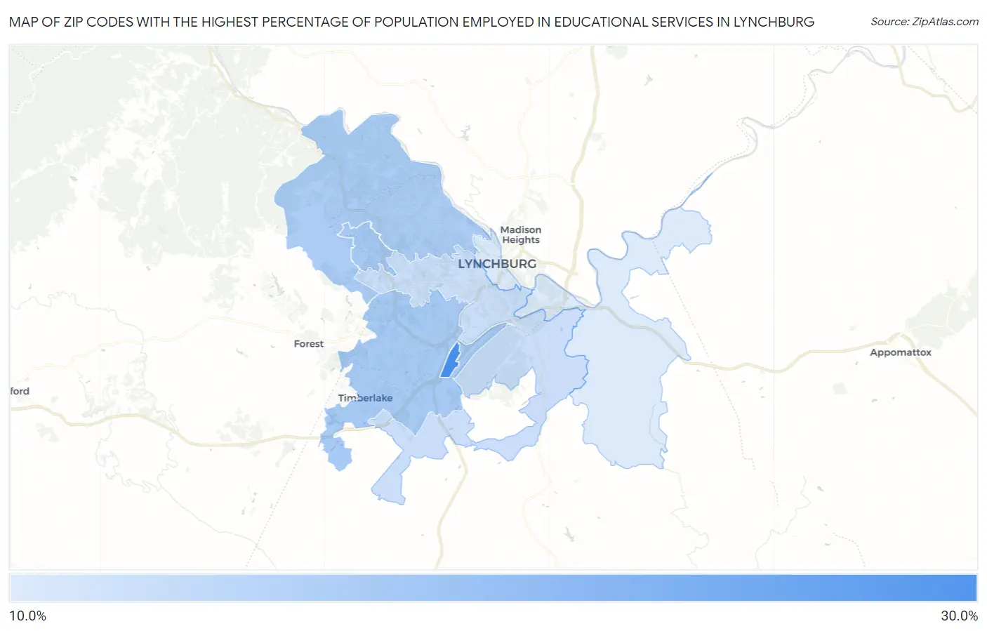Zip Codes with the Highest Percentage of Population Employed in Educational Services in Lynchburg Map