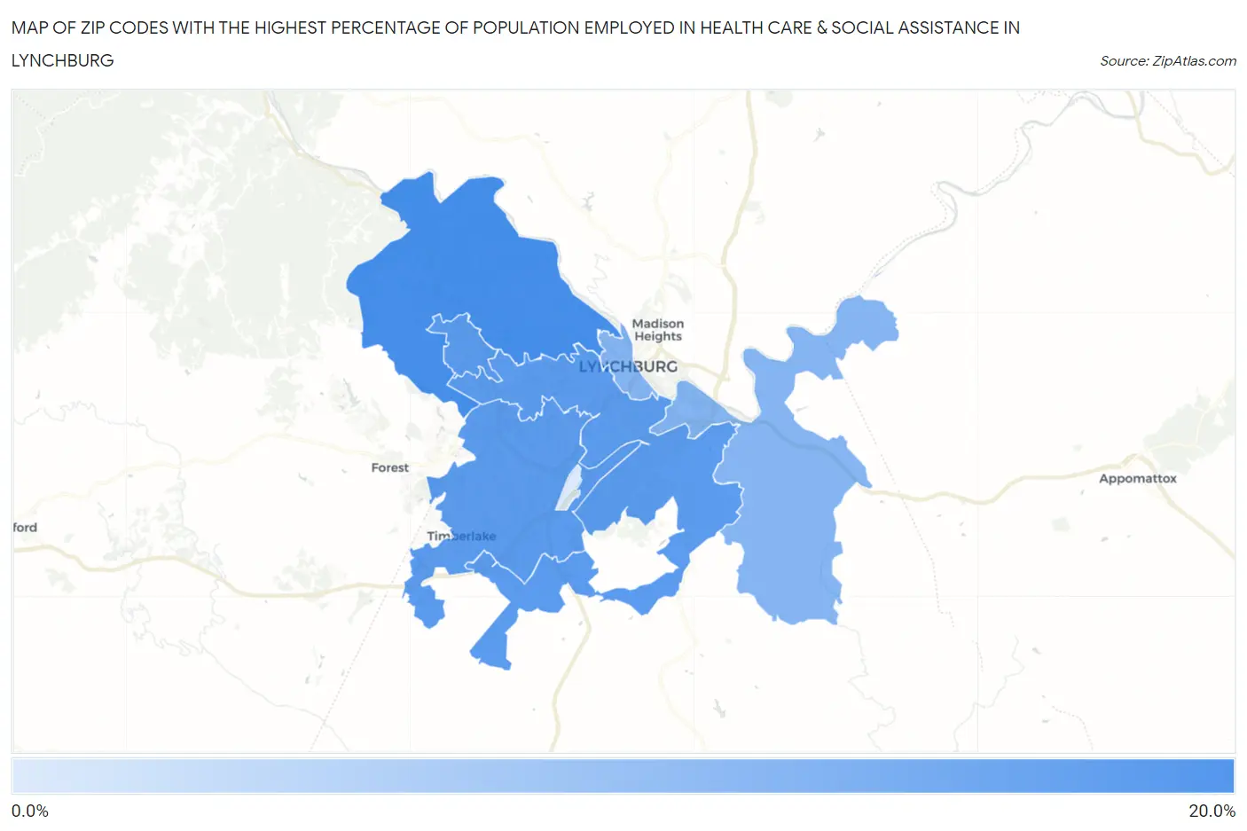 Zip Codes with the Highest Percentage of Population Employed in Health Care & Social Assistance in Lynchburg Map