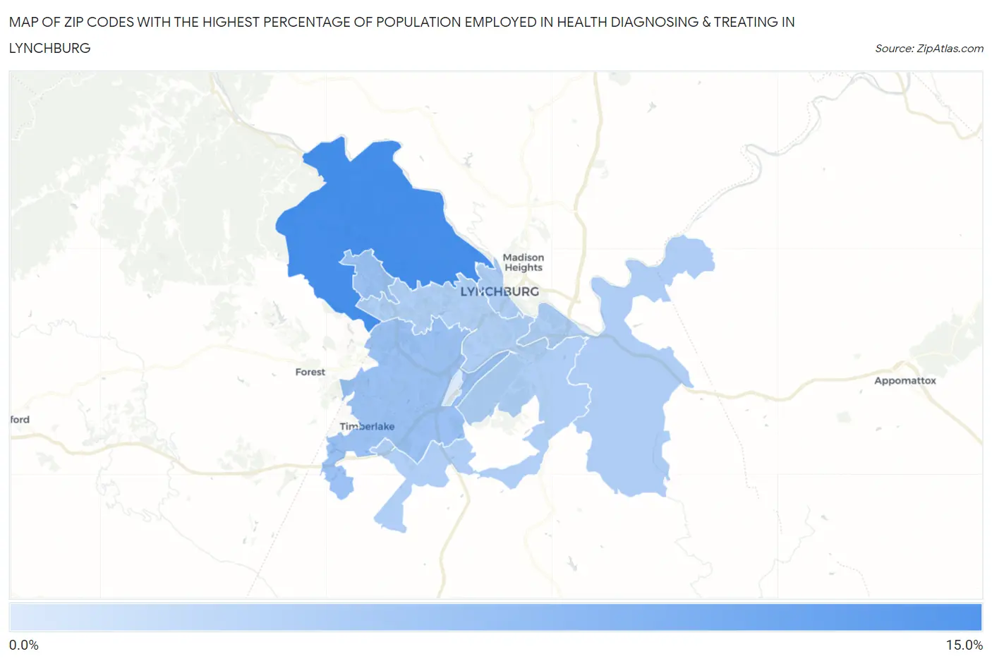 Zip Codes with the Highest Percentage of Population Employed in Health Diagnosing & Treating in Lynchburg Map