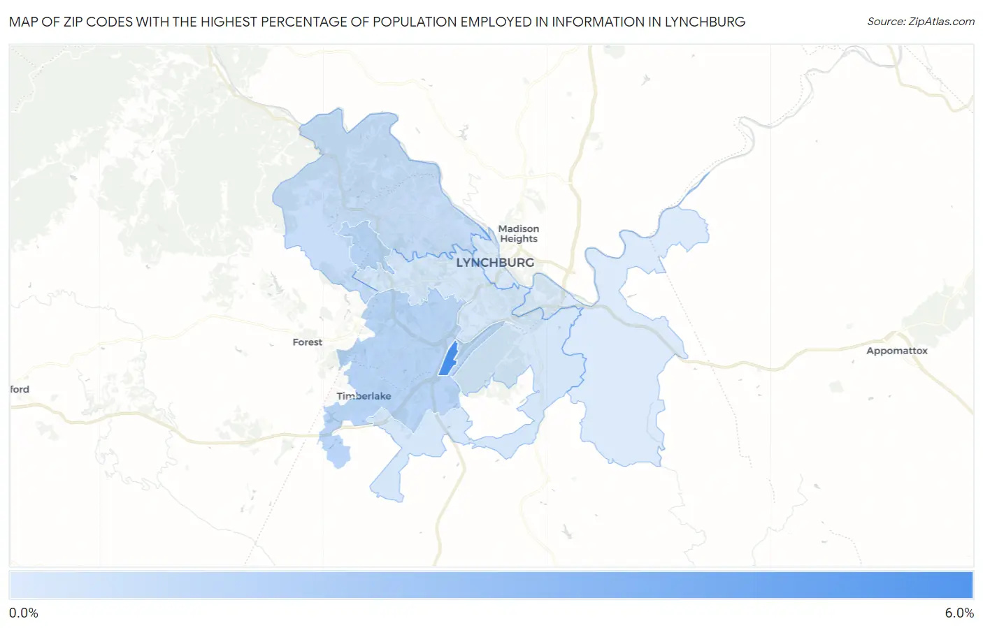 Zip Codes with the Highest Percentage of Population Employed in Information in Lynchburg Map