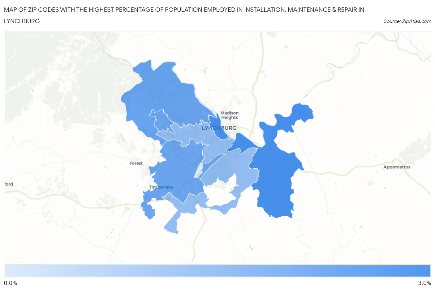 Zip Codes with the Highest Percentage of Population Employed in Installation, Maintenance & Repair in Lynchburg Map
