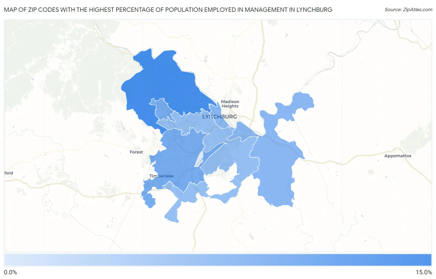 Zip Codes with the Highest Percentage of Population Employed in Management in Lynchburg Map