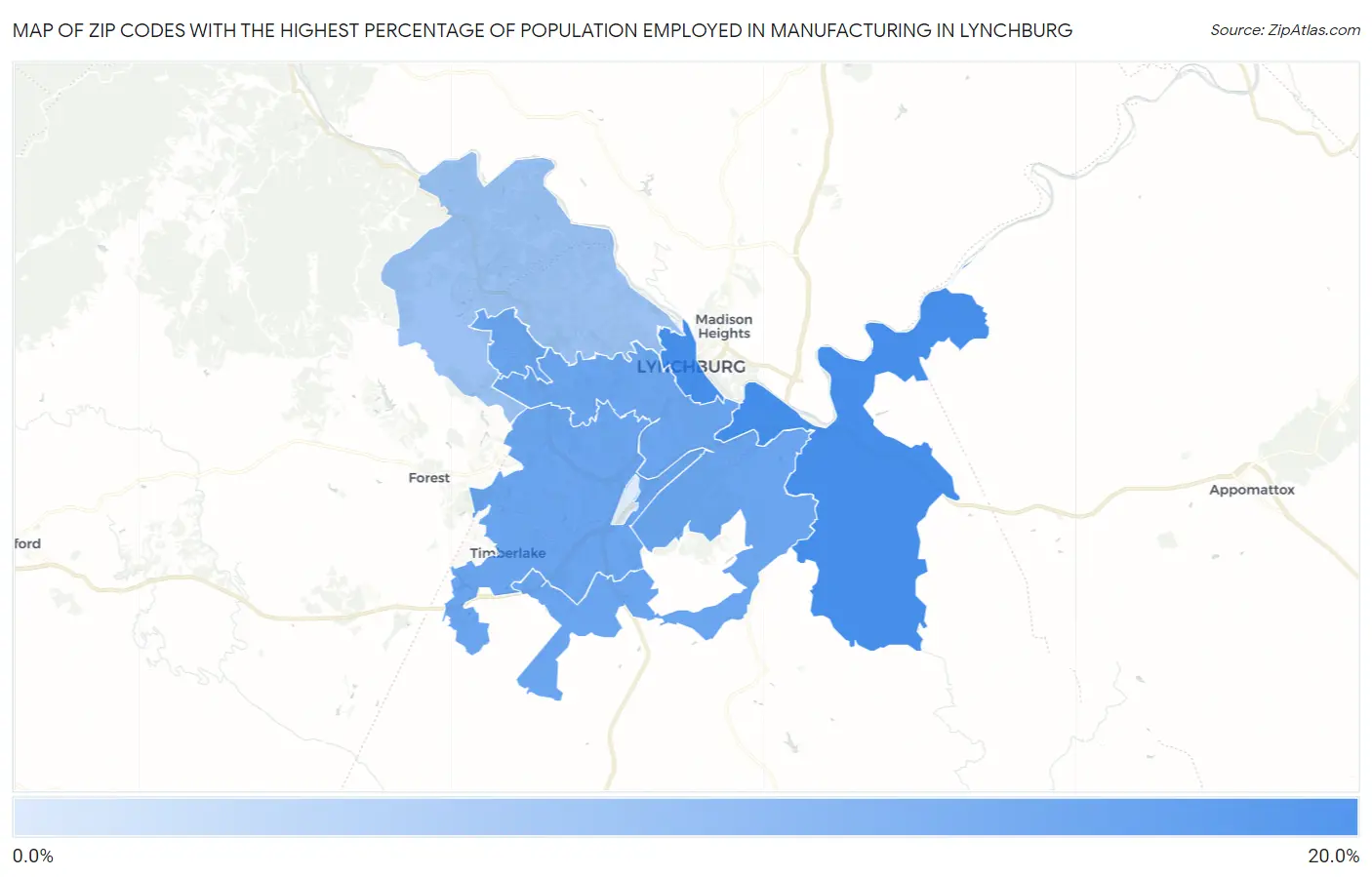 Zip Codes with the Highest Percentage of Population Employed in Manufacturing in Lynchburg Map