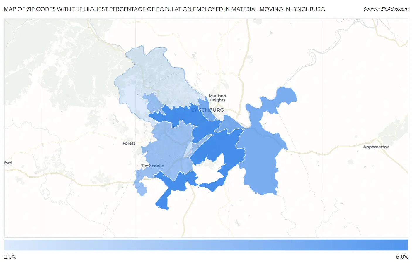 Zip Codes with the Highest Percentage of Population Employed in Material Moving in Lynchburg Map