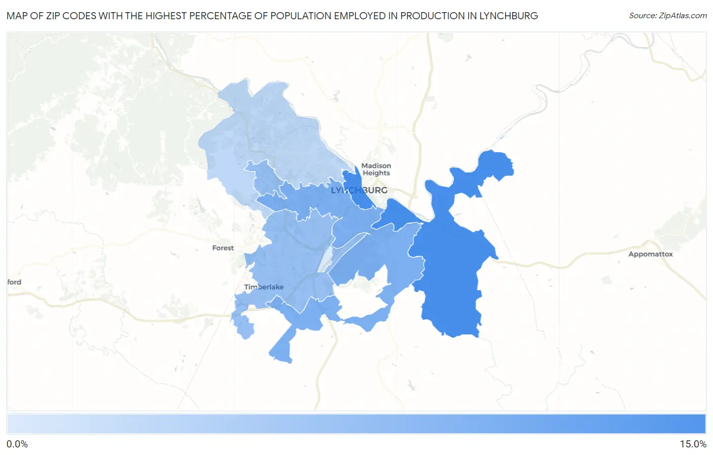 Zip Codes with the Highest Percentage of Population Employed in Production in Lynchburg Map