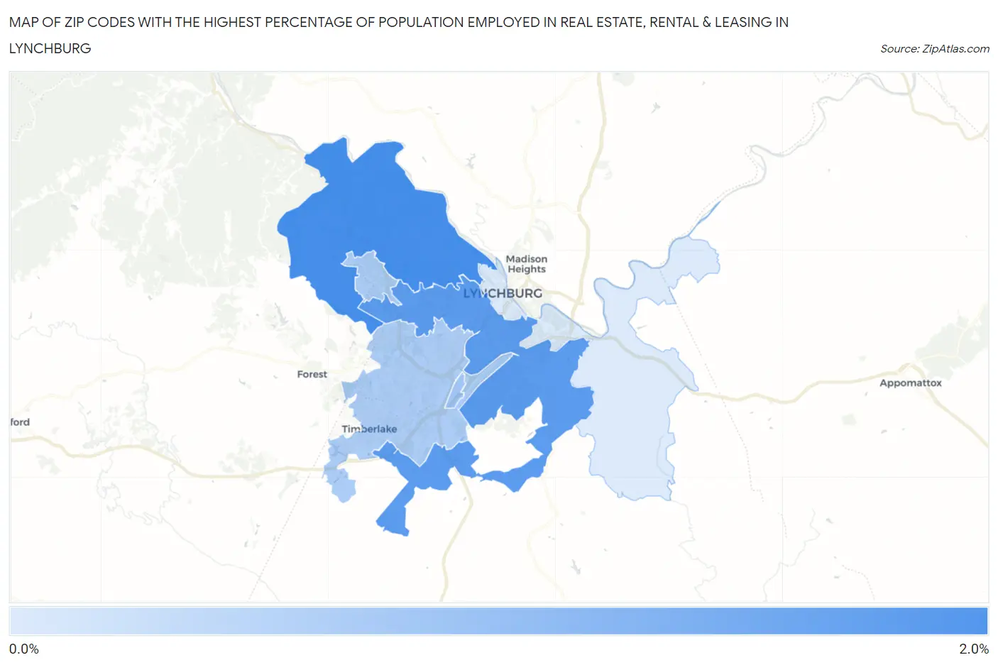 Zip Codes with the Highest Percentage of Population Employed in Real Estate, Rental & Leasing in Lynchburg Map