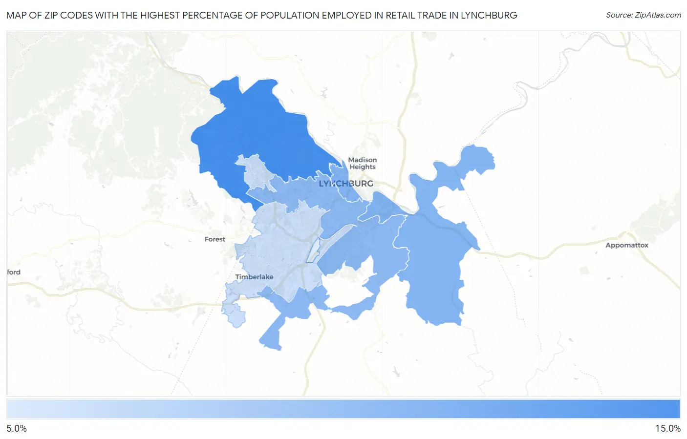 Zip Codes with the Highest Percentage of Population Employed in Retail Trade in Lynchburg Map