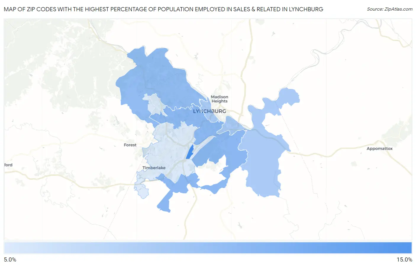 Zip Codes with the Highest Percentage of Population Employed in Sales & Related in Lynchburg Map