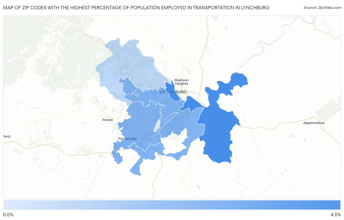 Zip Codes with the Highest Percentage of Population Employed in Transportation in Lynchburg Map