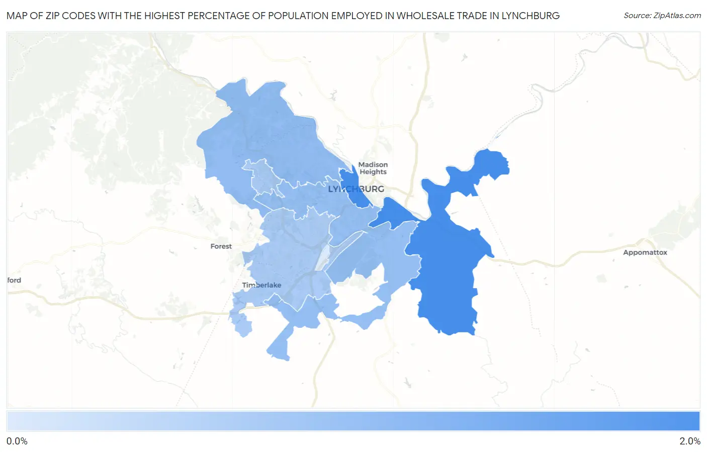 Zip Codes with the Highest Percentage of Population Employed in Wholesale Trade in Lynchburg Map