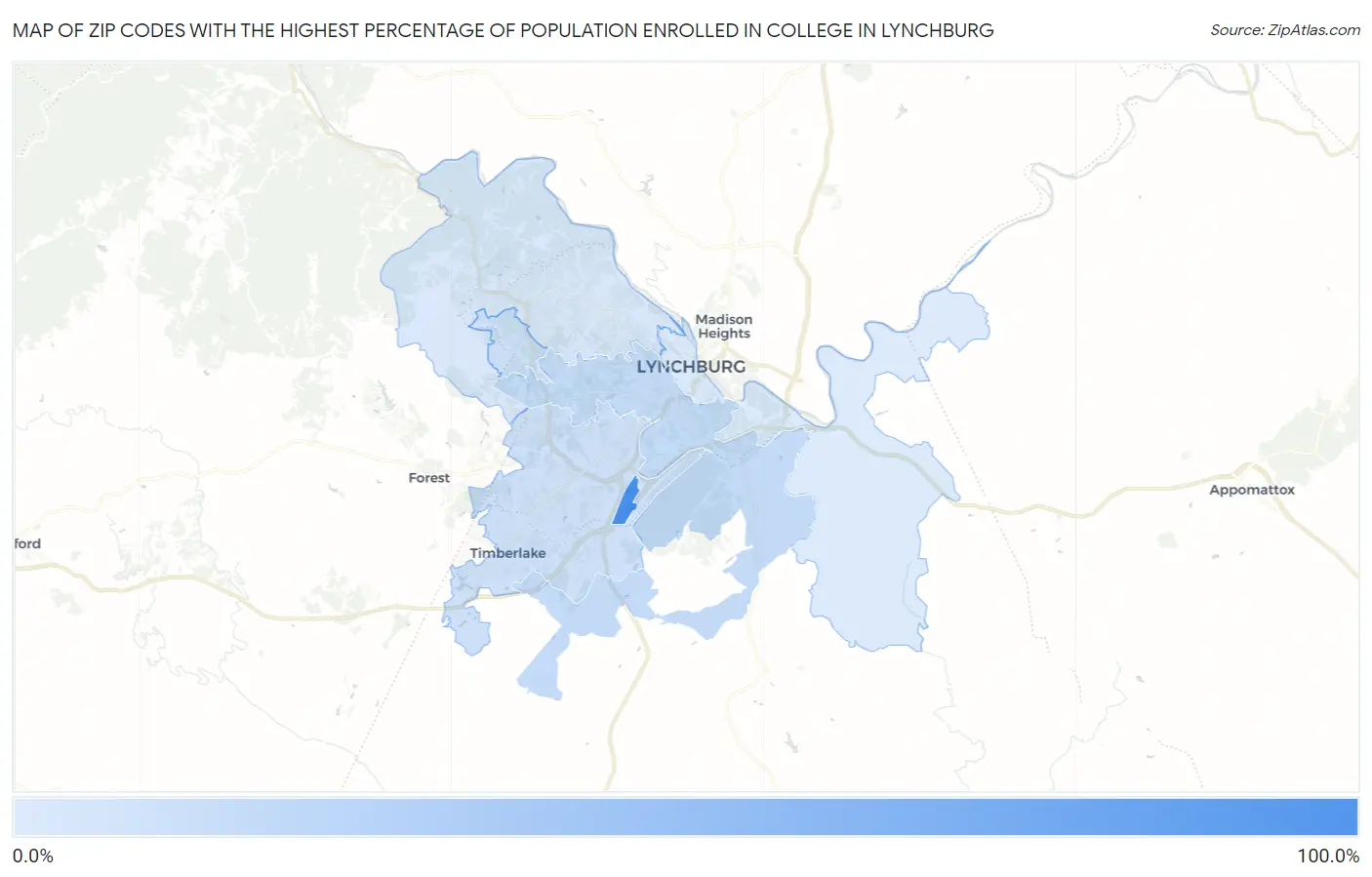 Zip Codes with the Highest Percentage of Population Enrolled in College in Lynchburg Map