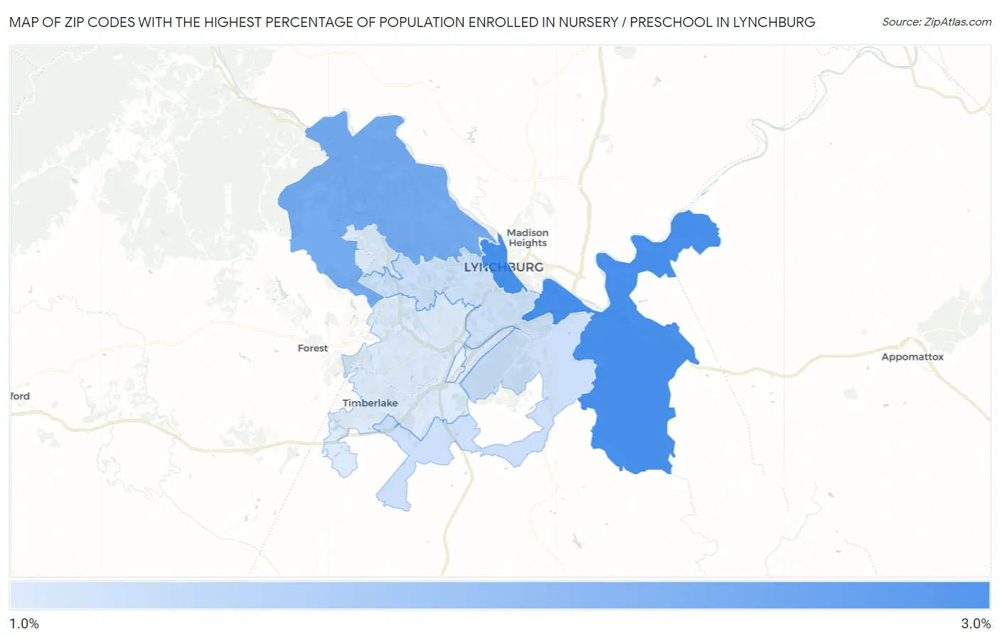 Zip Codes with the Highest Percentage of Population Enrolled in Nursery / Preschool in Lynchburg Map
