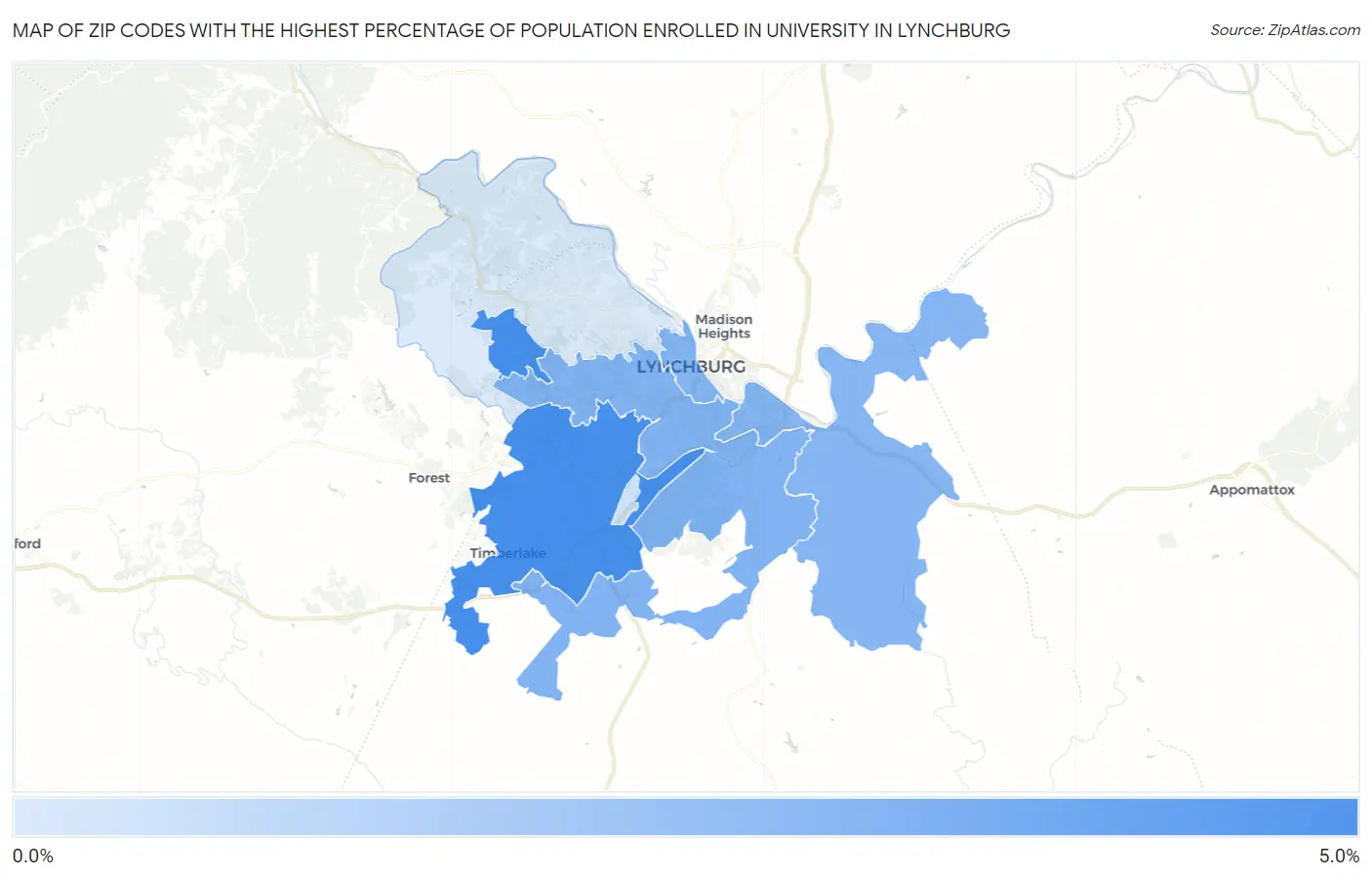 Zip Codes with the Highest Percentage of Population Enrolled in University in Lynchburg Map