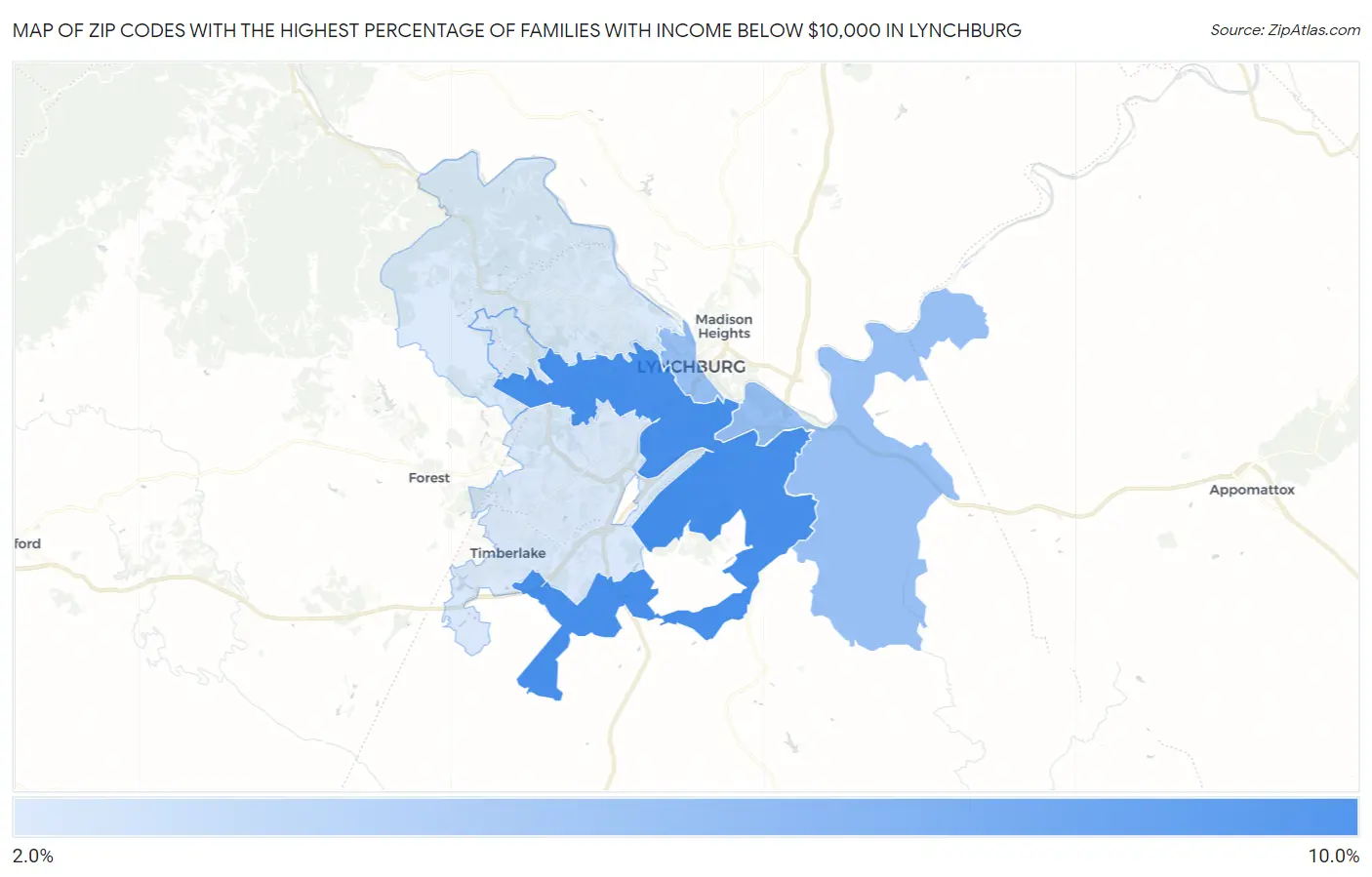 Zip Codes with the Highest Percentage of Families with Income Below $10,000 in Lynchburg Map