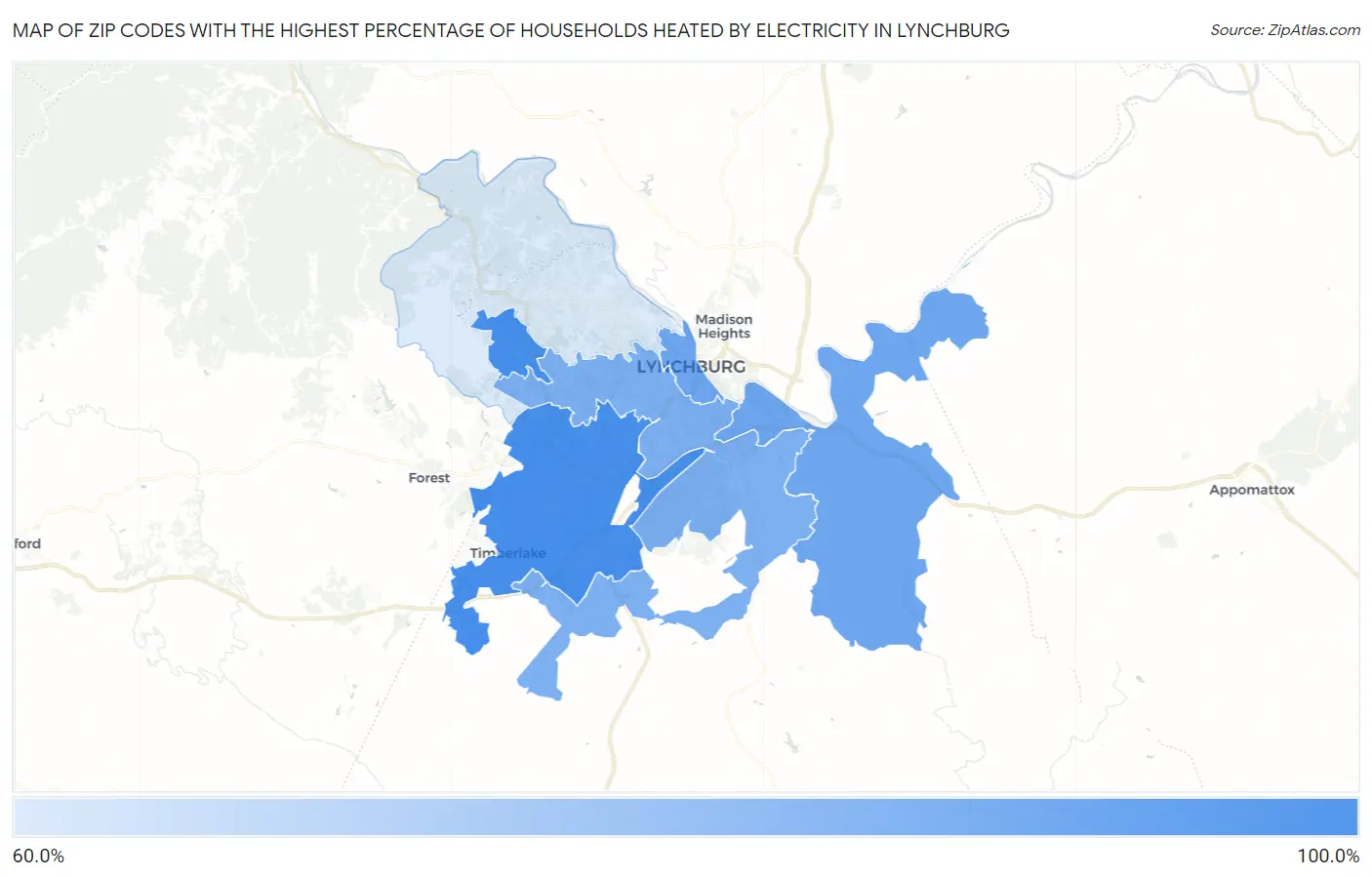 Zip Codes with the Highest Percentage of Households Heated by Electricity in Lynchburg Map
