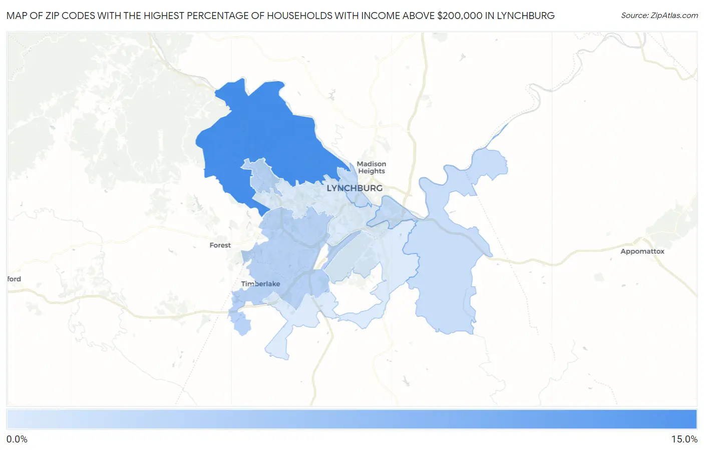 Zip Codes with the Highest Percentage of Households with Income Above $200,000 in Lynchburg Map