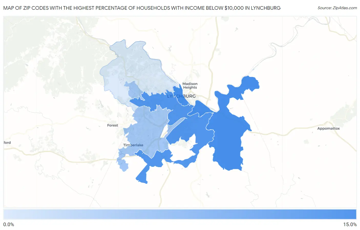 Zip Codes with the Highest Percentage of Households with Income Below $10,000 in Lynchburg Map