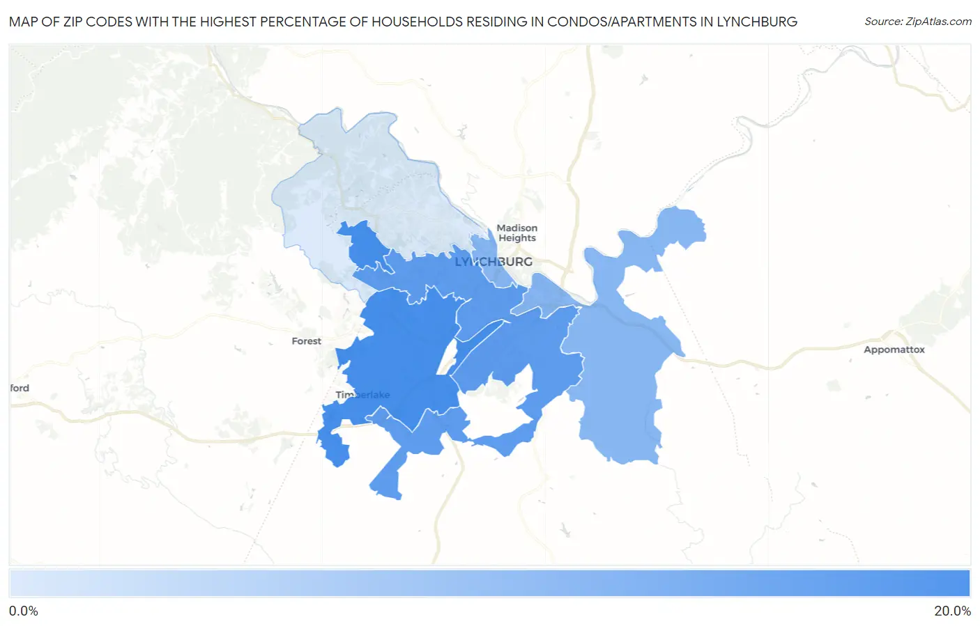 Zip Codes with the Highest Percentage of Households Residing in Condos/Apartments in Lynchburg Map
